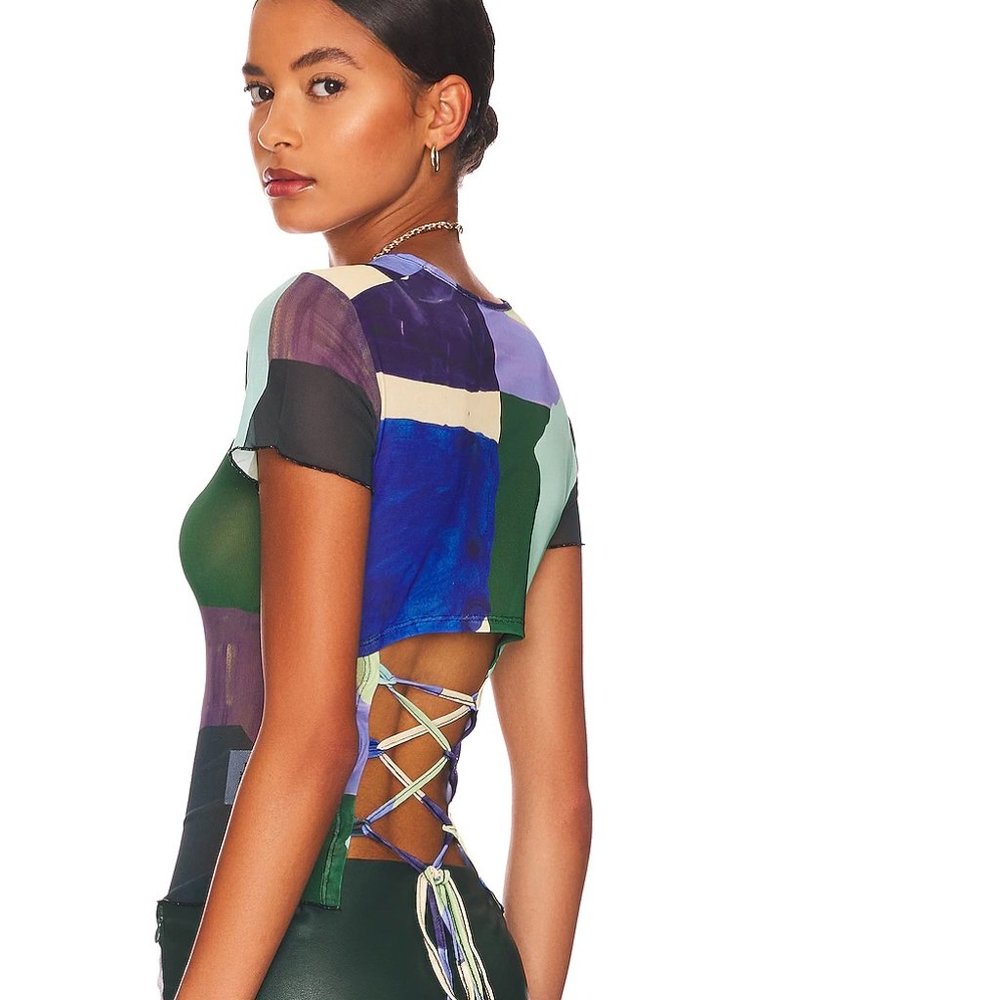 NWT Miaou x Paloma Elsesser Lace Back Mesh Tee in Abstraction Size Small